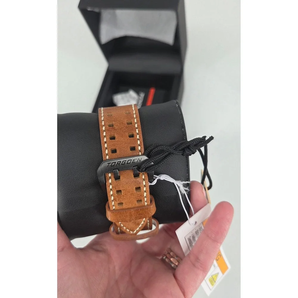 NWT Torgoen T47 Jumbo Black Sapphire‎ GMT 47mm, Brown Leather Strap Retail $325